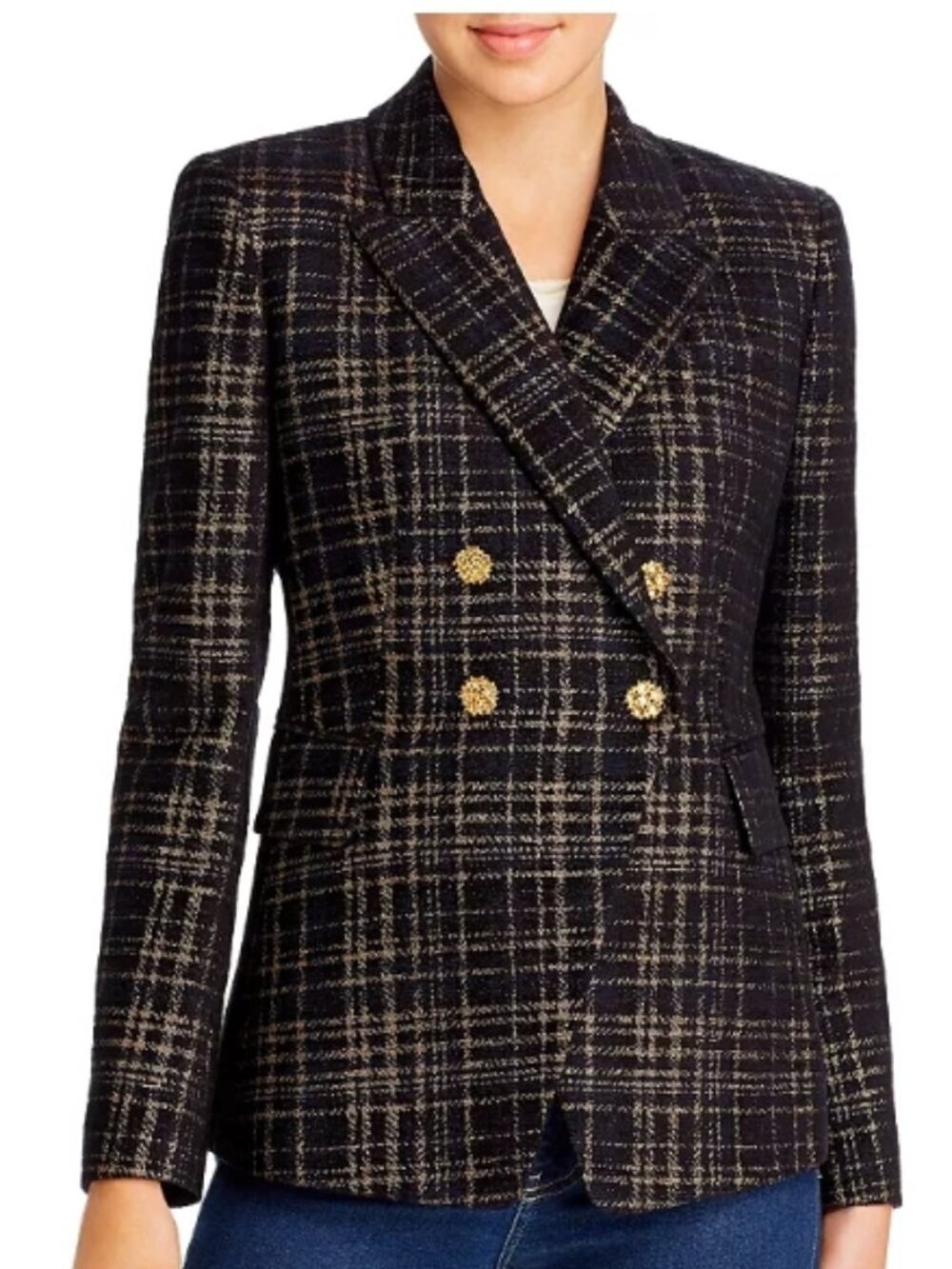Elie Tahari Womens Jezebel Metallic Plaid Double-Breasted Blazer - 6 / Black/Gol